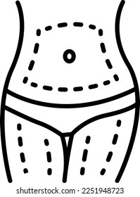 lipoplasty and body contouring concept, Panniculectomy surgery vector line icon design, beauty and personal care symbol, cosmetic dermatology sign, body aesthetics stock illustration
