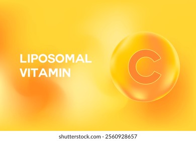 Liposomal vitamin C supplement product background with glowing 3D molecule icon or golden capsule, watercolor gradient banner with flowing bubbles splash. Great for nutrition, beauty promotion