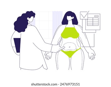 Liposuction abstract concept vector illustration. Plastic surgeon deals with liposuction procedure in hospital, removing localized fat pads, medicine sector, body lifting abstract metaphor.