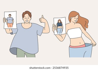 Liposuction helped lose weight for man and woman standing in plus size clothing, proving progress. Fat people have become thin thanks to liposuction or taking medications to reduce body fat