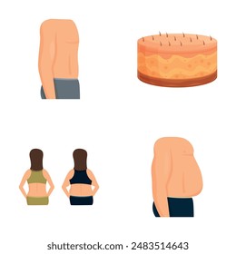 Conjunto de iconos de liposucción Vector de dibujos animados. Cuerpo humano antes y después de la cirugía. Industria de la medicina de belleza
