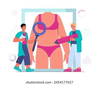 Liposuction procedure concept. Beauty surgery and treatment. Doctors in medical uniform with magnifying glass and pencil. Aesthetics and elegance. Cartoon flat vector illustration