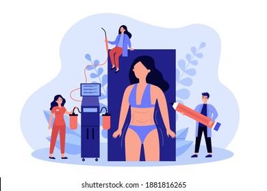 Liposuction procedure flat illustration. Team of doctors and female patient with dotted marks on body and belly. Vector illustration for weight reduction, surgery, beauty concepts