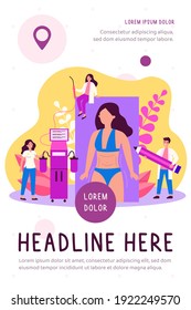 Liposuction procedure flat illustration. Team of doctors and female patient with dotted marks on body and belly. Vector illustration for weight reduction, surgery, beauty concepts