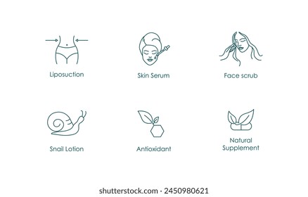 "Liposuction, Skin Serum, Face Scrub, Snail Lotion, Antioxidant, Natural Supplement Vector Icons Set