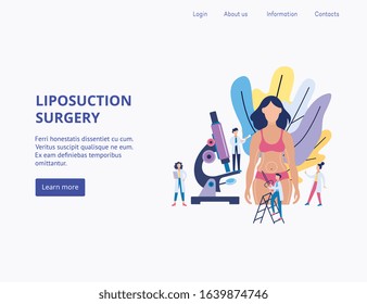 Liposuction surgery banner - website landing page template with cartoon woman surrounded by surgeons drawing lines on her body. Isolated flat vector illustration