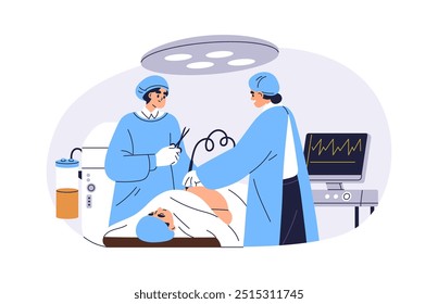 Liposuction surgery, fat removal, body reshaping. Lipo procedure for weight loss, aesthetic correction. Surgeons performing operation in clinic. Flat vector illustration isolated on white background