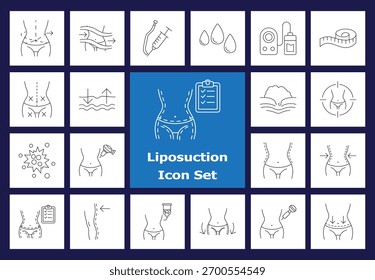 Conjunto de ícones de cirurgia de lipoaspiração. Ícones de linha para remoção de gordura, contorno corporal, seringa, medição e procedimento cosmético. Projeto vetorial para clínica de cirurgia plástica.