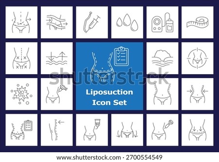 Liposuction surgery icon set. Line icons for fat removal, body contouring, syringe, measurement, and cosmetic procedure. Vector design for plastic surgery clinic.