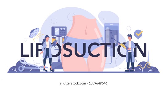Liposuction surgery typographic header. Idea of body correction. Modern beauty procedure on female silhouette. Vector illustration in cartoon style