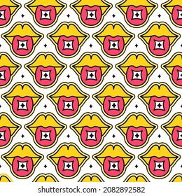 Lips con la barra de sangre de lsd ácido en la lengua papel tapiz sin fisuras del patrón.Dibujo del personaje de dibujos animados del doodle dibujado a mano por el vector. Marca ácida, blotter lsd en lengua, concepto de impresión de fondo de pantalla trippy