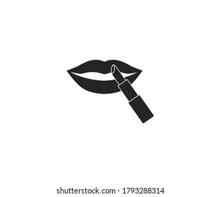 Lips applying lipstick, makeup icon. Vector illustration, flat design.