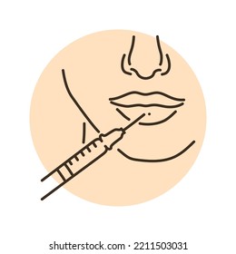 Lips augmentation color line illustration. Hyaluronic injection. Cosmetology skin care concept. 