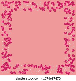 Lips and beads on a pink background. Kiss. Pearl. Fashionable background with lips and beads.