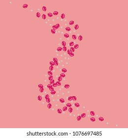 Lips and beads on a pink background. Kiss. Pearl. Fashionable background with lips and beads.