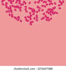Lips and beads on a pink background. Kiss. Pearl. Fashionable background with lips and beads.