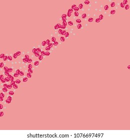 Lips and beads on a pink background. Kiss. Pearl. Fashionable background with lips and beads.