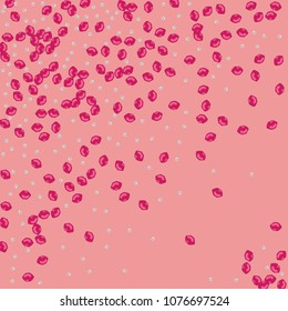 Lips and beads on a pink background. Kiss. Pearl. Fashionable background with lips and beads.