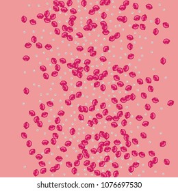 Lips and beads on a pink background. Kiss. Pearl. Fashionable background with lips and beads.