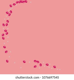 Lips and beads on a pink background. Kiss. Pearl. Fashionable background with lips and beads.