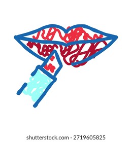 Lábios sendo coloridos com batom vermelho em um estilo de rabiscar desenhado à mão brincalhão, ilustração de contorno simples evocando beleza, maquiagem, moda e auto cuidado no fundo branco