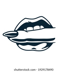 Lips Bite. Sex Gesture Of Sexy Lips With Finger For Nail Bar. Element For Beauty Studio. Fashion, Trendy Style Of Fingernails Logo