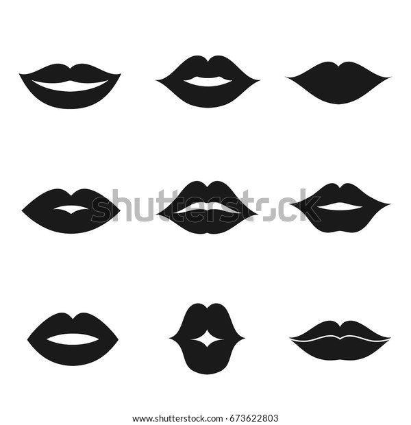 唇の黒い形のアイコンと絵文字セット プロのメイクアップ製品の画像 官能的な感じ 白い背景にベクターフラットスタイルイラスト のベクター画像素材 ロイヤリティフリー