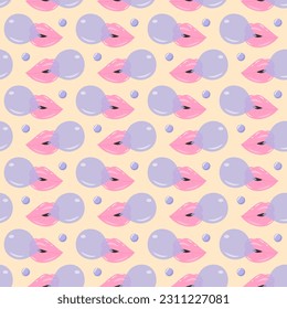 Lips blowing bubble gum seamless pattern on beige pastel background. Cute print. Trendy wrapping paper.