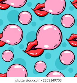 Lips blowing bubble gum seamless pattern. 70s, 80s, 90s vibes funky background. Retro mouth illustration. Vintage nostalgia texture for design and print. Cute print. Trendy wrapping paper.