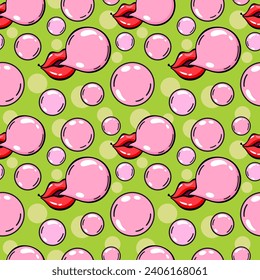 Lips blowing bubble gum seamless pattern. 70s, 80s, 90s vibes funky background. Retro mouth illustration. Vintage nostalgia texture for design and print. Cute print. Trendy wrapping paper.