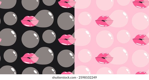 Lips blowing bubble gum seamless pattern. Funky background. Vintage nostalgia for design and print on pink and black background. Cute print. Trendy wrapping paper.