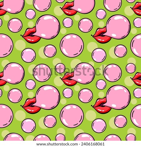 Lips blowing bubble gum seamless pattern. 70s, 80s, 90s vibes funky background. Retro mouth illustration. Vintage nostalgia texture for design and print. Cute print. Trendy wrapping paper.