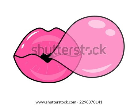 Lips blowing bubble gum. Vintage fashion contour cartoon design. Nostalgia for the 80s, 90s. Vector illustration.