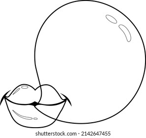 Lips Blowing A Bubblegum Bubble. Vector Black And White Coloring Page