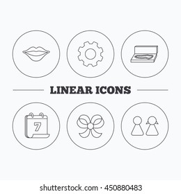 Lips, box with jewelry and couple icons. Bow-knot linear sign. Flat cogwheel and calendar symbols. Linear icons in circle buttons. Vector