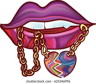 lips with a broken heart on a chain