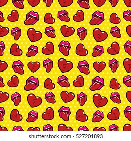Lips and Broken Hearts Seamless Pattern. Love Background in Retro Fashion Style. Vector illustration