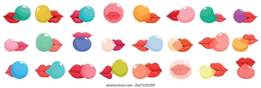 Lips bubble gum icons set. Vibrant lips and bubbles arranged in playful, colorful rows