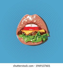 Lips burger. A woman's lips are sprinkled with sesame seeds. Darjeet in the mouth of a cheeseburger. The drawing is done in a pop art style. 