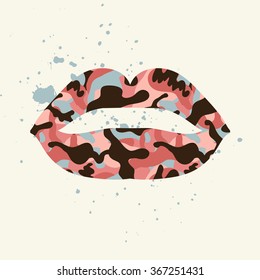 Lips with camouflage texture. Grunge wallpaper in vector. Pop art illustration