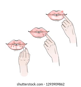 Lips Care. Various problem. Skin care routine. Fashion woman sketch. Hand drawn vector illustration. 