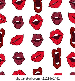 Lips cartoon seamless pattern. Valentine's day kiss background. Emotion mouth. Lips, mouth, teeth in vector hand drawn style.
