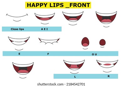 Lips Chart-Vektoren für Lippensynchronisation können für Zeichentrickanimation und Animation verwendet werden. für Zeichen-Lippensynchronisierung und Ausdrücke . diese glücklichen Lippen