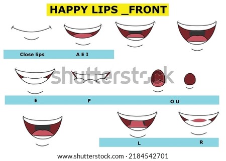 Lips chart  vectors for lip-sync  can be used for character animate and animate. for character lip sync and expressions . these r happy lips