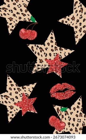Lips, cherries, stars, leopard print, red glitter, seamless pattern, vector