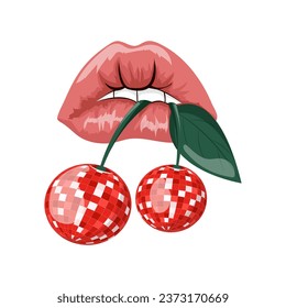 Lips with cherry in 80s-90s cartoon style in vector.Illustration isolated. Vector illustration
