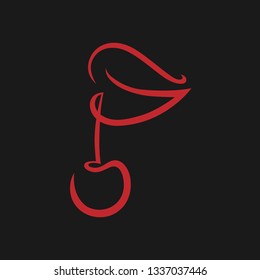 Lips with a cherry symbol, icon on black background. Design element