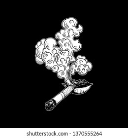 Lips with cigarette exhaling smoke. Vector illustration. Tobacco. The sketch of the Smoking process. Smoldering cigarette. Cloud of smoke, poster or tattoo.
