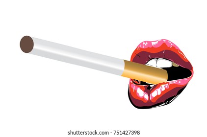  Lips cigarette. Sexy biting red lips. Abstract lipstick in the open mouth with  cigarette isolated on white background. Vector-  illustration. 
