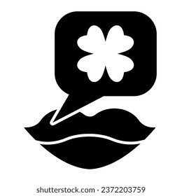Lips and clover solid icon. Female mouth and dialog bubble with shamrock glyph style pictogram on white background. Saint Patrick day signs for mobile concept and web design. Vector graphics